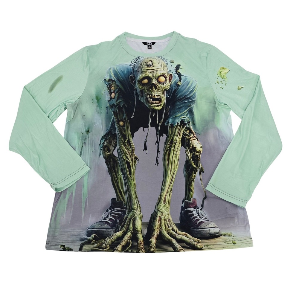 Ouku Mens XL Long Sleeve Zombie Graphic Tee Mint Green Streetwear Horror Shirt